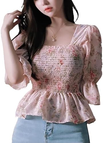 Roll Up Spring Summer Women's Girls Cute Floral Tops Ruffle Sleev...