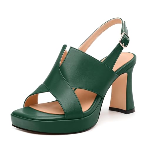 Womens Platform Sandals, Square Peep Toe Chunky Heel Ankle Strap Sandals for Women, Leather Insole Heeled Sandals with Buckle 3.3