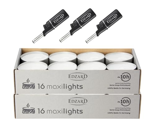 EDZARD “Wenzel Maxilights” - 32 lumini maxi in alluminio, colore bianco, diametro 58 mm, altezza 22 mm, senza profumo, con 3 mini accendini lunghi 11 cm