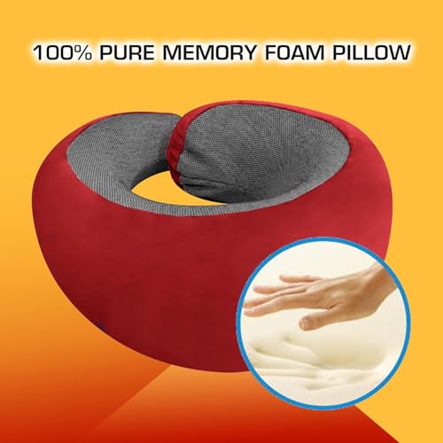 Image of Billebon Memory Foam Travel Neck Pillow with Magnetic Fabric Luxury Neck Support Pillow for Comfortable Travel, Washable Removable Cover (Red with Eye Mask)