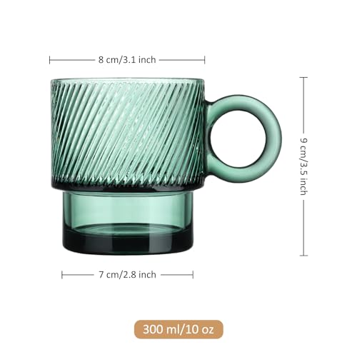 Joeyan Green Glass Coffee Mugs with Handle,Stackable Glass Coffee Cups with Striped Design,Drinking Glasses for Espresso Cappuccino Latte Tea Milk,10 oz,Set of 4,Dishwasher Safe - Thumbnail 6