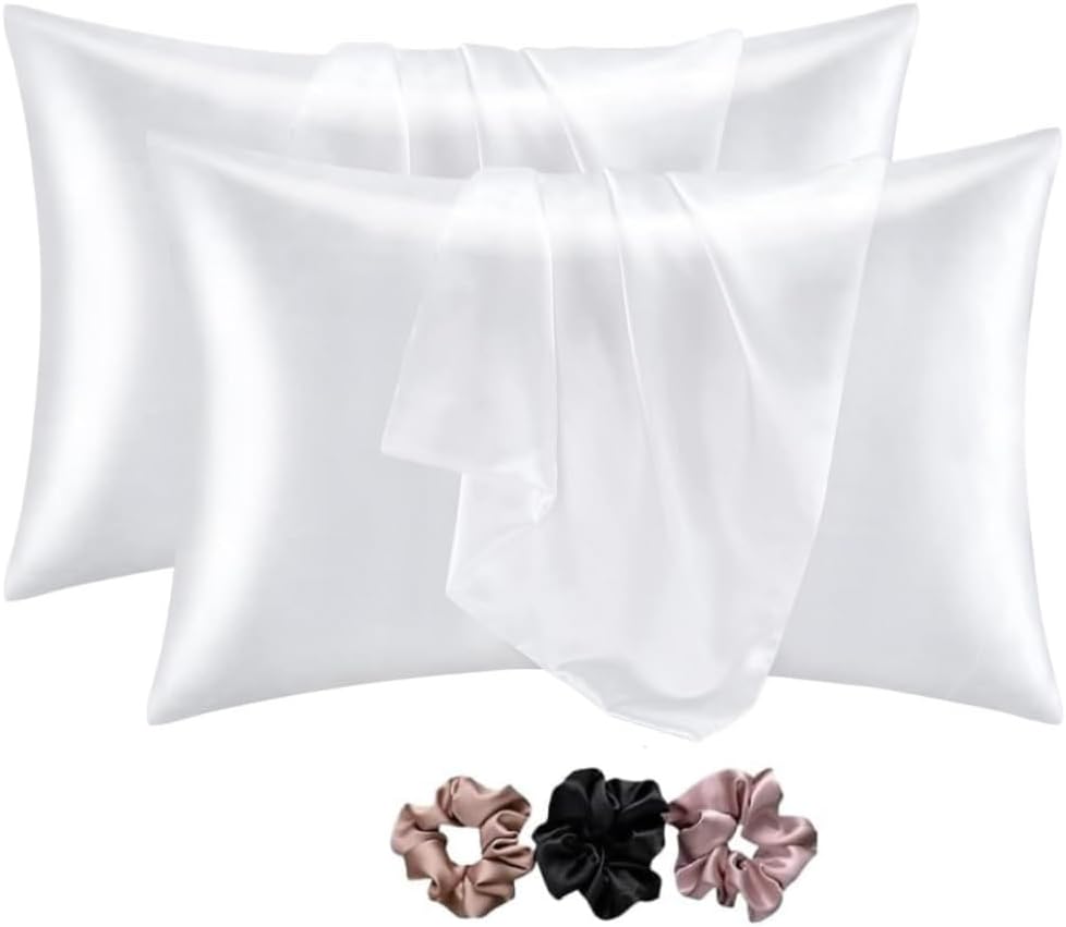 Go well Satin Silk Pillow Covers Pack of 2 for Hair and Skin-with Satin Scrunchies for Women Stylish|Satin Pillow Cover for Hair and Skin|scrunchies for Women 3-Piece|Silk Pillow case(White) 600TC