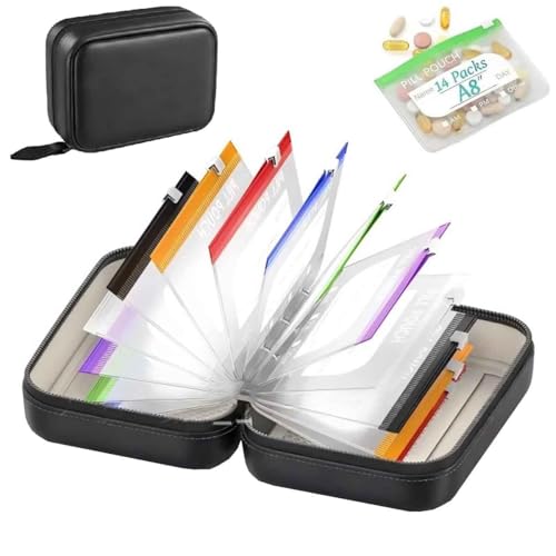 A8 Waterproof Weekly Pill Organizer,with 14 Color-Coded Medicine Pouches,Reusable Portable Medication Storage Travel Case,Leakpr