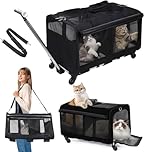 WUDLEP Large Cat Carrier with Wheels, Double-Compartment Pet Rolling Carrier for 2 Cats, Black Pet Carrier Bag for Up to 35 LBS, Super Ventilated Design with Detachable Wheels, Suitable for Trips