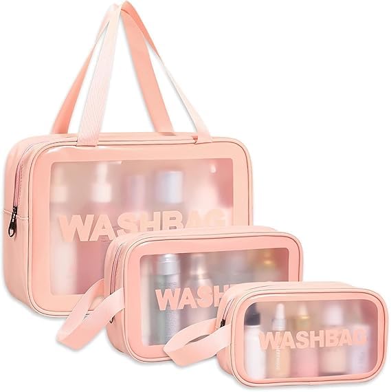 Image of Gritty Wash Bag Pouch for Travel Kit Toiletry Bag Cosmetic Bag Make Up Box for Brushes, Accessories with Handle, Large Capacity Translucent Waterproof Travel Storage Organizer Set of 3 (Pink)