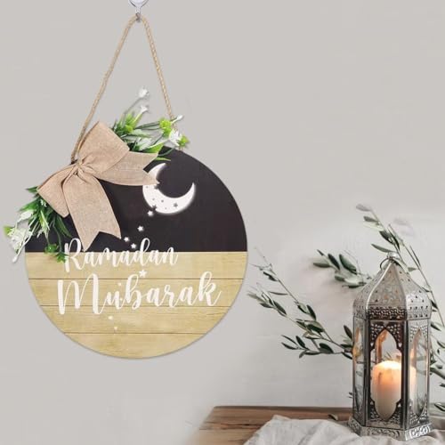 Letrero redondo de madera Eid Mubarak con grabado caligráfico para puerta 3