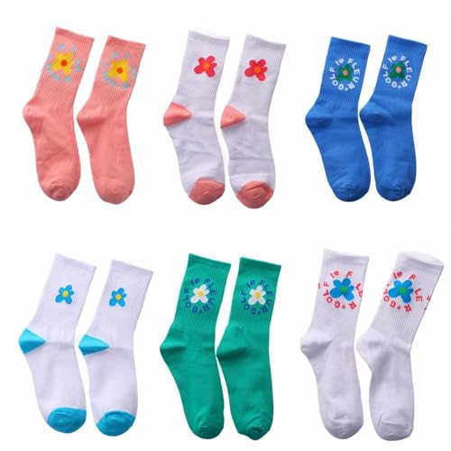 Vctitil 6 Pairs Women'S Knee Length Socks Golf Sports Socks Flower Printed Fashionable and Warm Women'S Socks