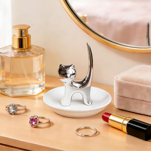 Image of PUDDING CABIN Ring Holder Dish, Sliver Cat, Jewelry Storage for Women, Cat Lover Gifts, Christmas, Mother's Day, Birthday, Wedding, Engagement, Valentine's Day