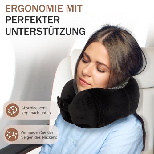 Jiancrate Nackenkissen Flugzeug, Nackenhörnchen Erwachsene, Reisekissen Memory Foam, Verstellbares Reisekopfkissen Reise, Schmalem Rückenteil, Travel Neck Pillow mit Schlafmaske, Ohrstöpsel, Schwarz