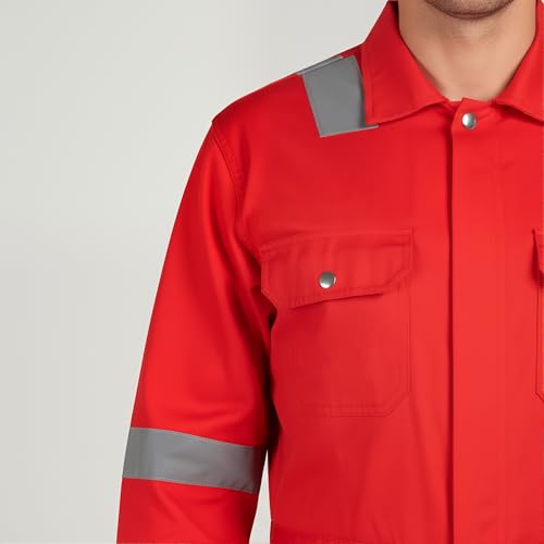 Image of Men's 100% Cotton Pyrovatex Fire Retardant Industrial Coveralls (Boiler Suit) with Reflective Tape 240 GSM. Color RED, Size L - 40