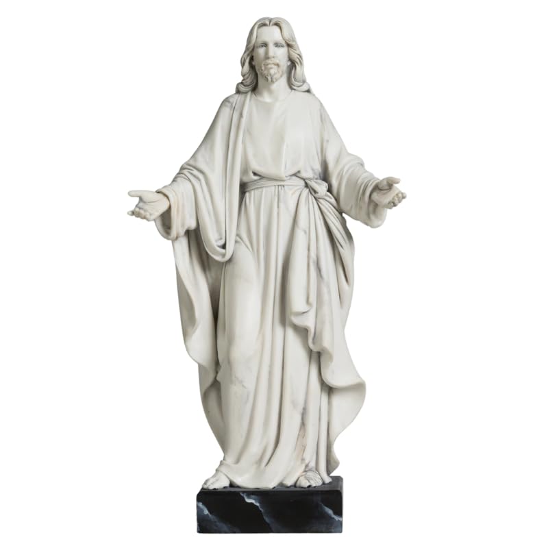 ShineOnAngel 12in Jesus Christ Statue, Open Arms, Hand-Painted Marble Look, Resin, Black Marble Base