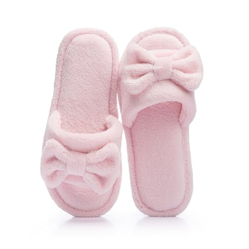 NineCiFun Cute Bow Womens Slippers - Open Toe Cozy House Slippers Soft Memory Foam Non-Slip Indoor Slides Slip On Gifts for Woman Pink 9 10