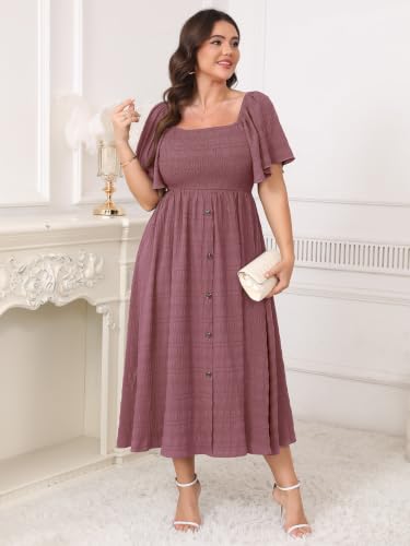 Image of Plus Size Casual Maxi Boho Dress for Curvy Women Short Sleeve Square Neck Smocked Summer Beach Dresses Button Down