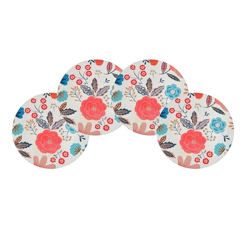 Image of LaVichitra Cotton Table Placemat | Dining Table Mat | Bed Side Table Mat | Cotton Round Shape Placemats | Washable PlaceMat for Shelves & Plant Pots - Pack of 4, Floral Print