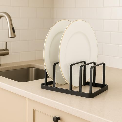 Image of Dish Rack Organizer for Kitchen - 5 Compartment Countertop Dish Drying Rack, Space-Saving Black Iron Dish Drainer Rack, 8.5 x 5 x 4 Inches