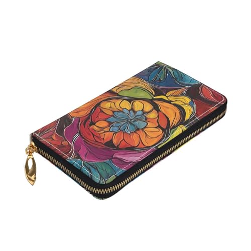 (flower stained glass) Faux Leather Wallet Long Clutch Zipper Purse Card Holder Travel Coins Cash Organizer Phone Pocket 7.48 x 4.13 x 0.9 inches3