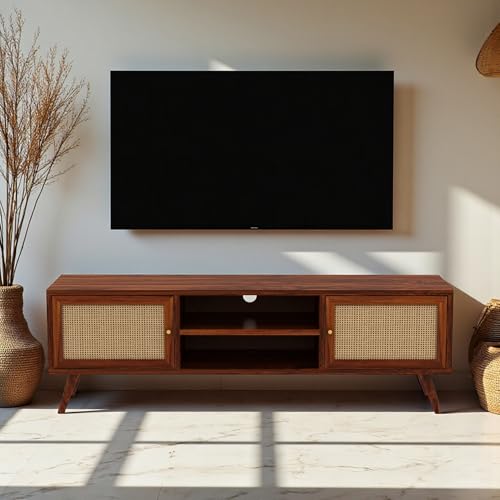 Image of The Attic Janah TV Cabinet, Solid Wood Sideboard TV Cabinet for Living Room, Wooden Free Standing TV Unit Side Board Table with Storage, Honey Matte Finish