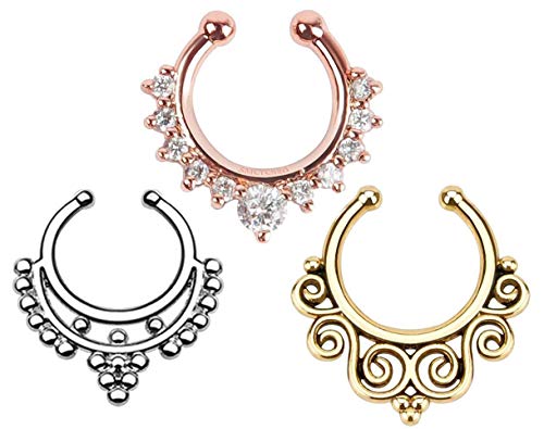 Septum anneau 3 pcs HOT Unisexe Clip Sur Septum Faux Nez Anneau Hoop Non Piercing Hanger Nose Anneaux Tribal Fan Strass Clicker Corps Bijoux Cover