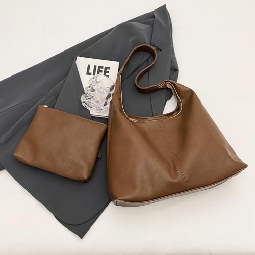 Image of Leather Hobo Bags for Women Slouchy Tote Bag Retro PU Leather Purse Soft Shoulder Handbags Large Work Tote Bag 2pcs