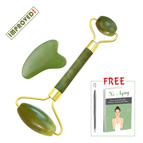 Pure Jade Roller and Gua Sha Kit Set | 100% Natural Chi Jade Anti-Aging Therapy | Himalayan Ice Roller for Face | Facial and Spa Massage tool to reduce Anti-Wrinkle | Bonus EBOOK + Blackhead Remover