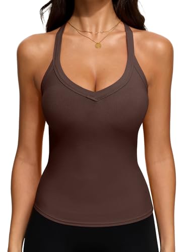 REORIA Workout Tank Tops for Women V Neck Racerback Summer Sleeveless Ribbed Gym Going Out Crop Trendy Cami Top Coffee Medium