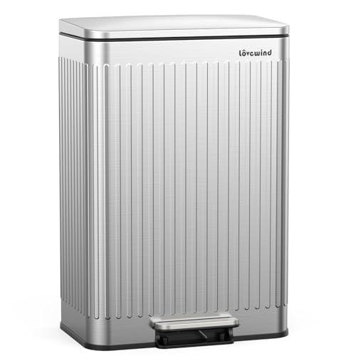 Lovewind 60 Liter/ 16 Gallon Stainless Steel Trash Can with Soft-Close Lid, Large Footstep Garbage Can with Roman Texture, Removable Inner Buckets, Recycling Bin for Kitchen Office, Silver