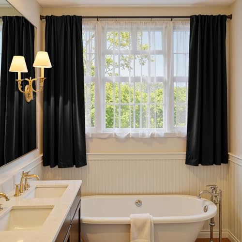 Image of Blackout Black Velvet Curtains Rod Pocket 52x72 Inch 2 Panels | Soft Velvet, For Small Windows, Kitchens & Bathrooms, Light Shifting Texture, Elegant Drape, Classic