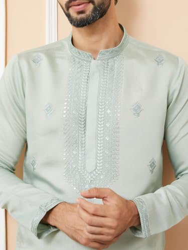 Image of See Designs Men's Long Sleeve Mandarin Collar Side Slit Off-White Embroidered Chanderi Silk Straight Kurta