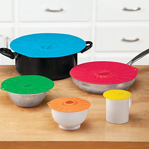 Silicone Covers, Crafted With 100% Silicone, Kitchen Storage and Organization, Set of 5 - Yellow/Orange/Green/Red/Blue Designs by Home Marketplace