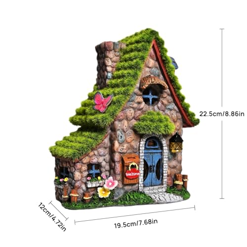 ASAWASA Resin Fairy House Statues with Solar Powered Lights, Funny Garden Sculptures with Flocked and Cobblestone Decor, Exquisite Garden Cottage Figurines
