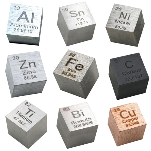 TIHONORI 9 Piece Metal Element Cubes Set - Density Cube Set for A Periodic Table of Elements Collection - Pure Tungsten Cube, Titanium, Nickel, Aluminum, Iron, Copper, ect (.39 Inch/10mm)