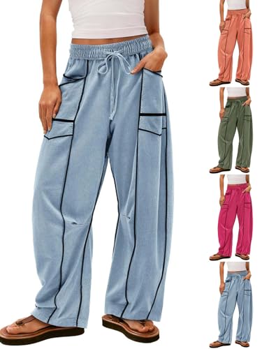 Womens Baggy Barrel Pants Wide Leg Lounge Drawstring Sweatpants with Pockets Casual Cotton High Waisted Trousers Street4