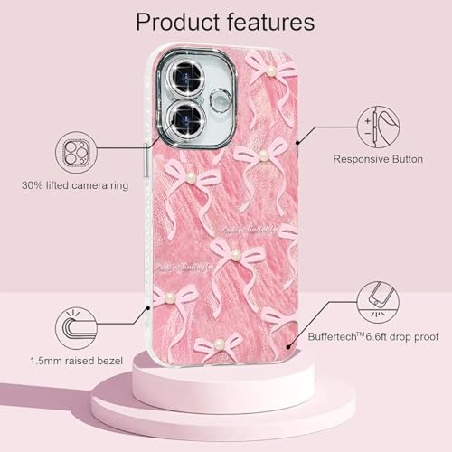 Image of VONZEE Compatible with iPhone 16 6.1'' Case Luxury Pink Girly Cute 3D Bow Pearl Glitter Bling Case with Full Camera Protection Shockproof Case PC+TPU Glossy Shiny Cover for Girls Women, Pink