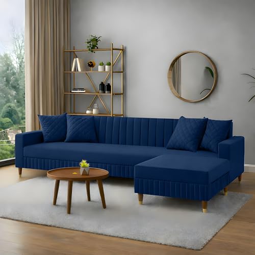 Image of AMATA Omega Solid Wood 4 Seater L Shape Royal Blue Suede Velvet Sofa Set with Four Cushions Perfect for Home Office Guests Living Room (03 Royal Blue, Omega L Shape 4 SSEATER)(03 Year Warranty)