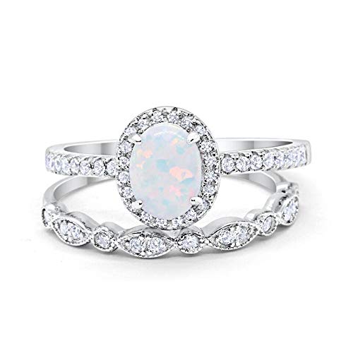 Blue Apple Co. Halo 2-Piece Art Deco Wedding Engagement Bridal Set Ring Band Oval Created White Opal Round Cubic Zirconia 925 Sterling Silver, Size-8 #TOP1