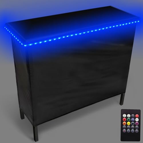 PartyLife New & Improved Portable Bar Table w/LED Lights, Wireless Remote, Folding Legs, 2 Bar Skirts, Heavy-Duty Storage Shelf & Carrying Case - Black