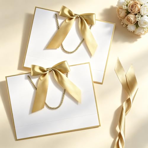 Image of JMANNI Gift Bags with Handles, 13 inch Medium Gift Bag for Presents, 1 Pcs Bags with 2 Tissue Paper and 1 Cards for Graduation Baby Shower Wedding Fathers Day Mother's Day Birthday Party(white-gold)