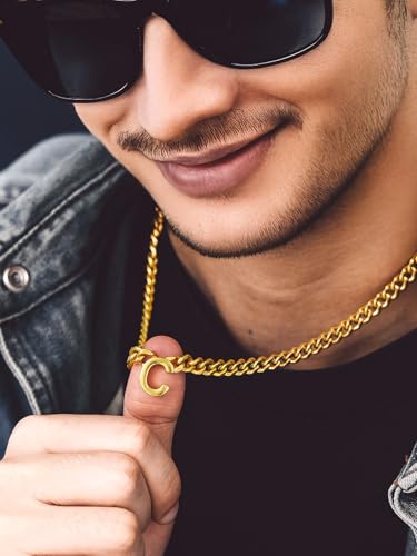 Bandmax Mens Initial Necklace Choker Stainless Steel/Gold/Black 7MM Wide Chunky Letter Pendant Chain Necklace for Men 18Inch + 2Inch4