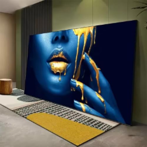 Cuadro grande con diseño de mujer negra con labios dorados sexys, póster moderno para decoración del hogar, arte de pared azul, 50 x 100 cm, sin marco