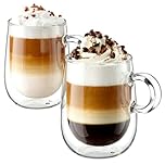 glastal 2x350ml Double Walled Coffee Glasses Mugs Cappuccino Latte Macchiato Glasses Cups with Handle Borosilicate Heat Resistant Glass Cups for Coffee Tea Milk Juice Ice Cream