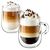 glastal 350ml*2 Tazas de Café de Cristal, Vasos de Doble Pared Transparente con Asa, Tazas de Vidrio Borosilicato para Café Leche Té Latte Macchiato y Más