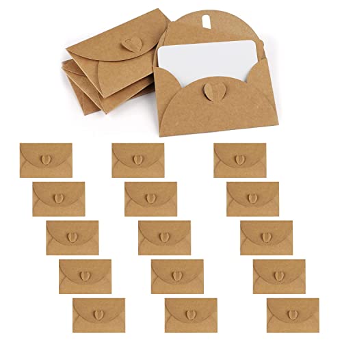 IOPYKKOA 15 Kraftpapier Umschläge mit 15 Blanko Papier Karten, Mini Briefumschläge mit Herz Verschluss für Geschenkkarten DIY Graffiti