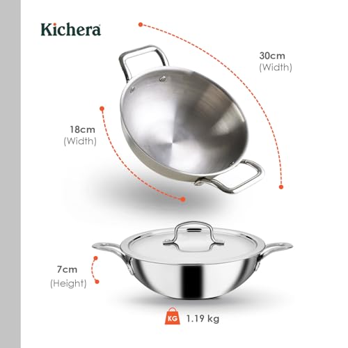 Image of Kichera Triply Stainless Steel Kadai with lid | 18cm /7 inch, 1.2Ltr, 1.2kg| Smooth Finished Flat Bottom Induction Deep Fry Kadhai |Ideal for All cooktops Cookware | 3 Layer Kadai for Cooking