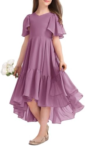 Haloumoning Meisjes Zomerjurk met V-hals, Ruche Jurk, Casual A-lijn Jurk, Flowy, Hoog-Laag, Lang, Partyjurk, Elegant, Lange Avondjurk, lila, 160