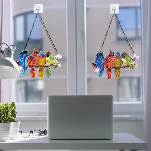 Image of DASTOLL 2 Pack Stained Glass Window Hanging - Hummingbird Decorations Suncatcher Hand-Painted Double Sided Birds on A Branch Sun Catcher for Window Home Decor Gifts for Mom,Bird Lovers