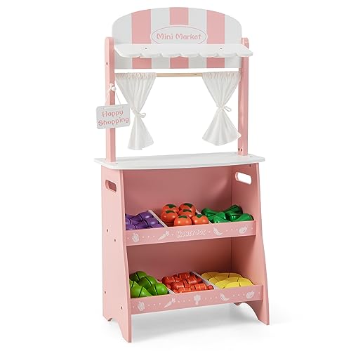 COSTWAY Tienda de Madera Infantil, Puesto de Mercado de Madera para Niños, Supermercado Juguete con 36 Frutas y Verduras para Cortar, Punto de Venta, a Partir de 3 años (Rosa)