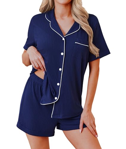 Image of Ekouaer Womens Pajamas 2 Piece Ribbed Knit Pjs Button Down Sleepwear Set Summer Casual Loungewear Lounge Sets
