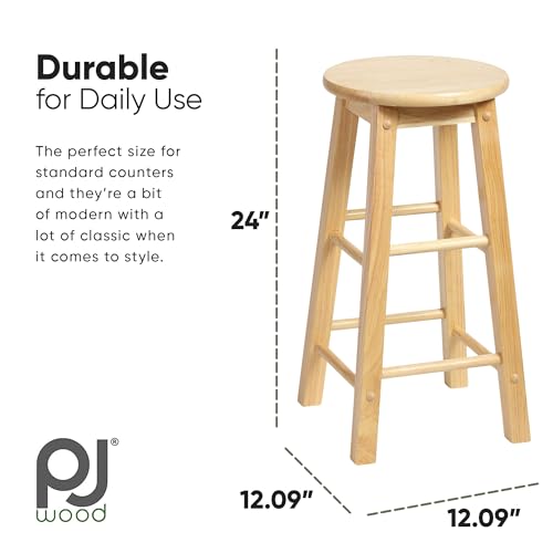 Image of PJ Wood Classic 24 Inch Tall Round Kitchen Counter Stool Seats with Backless Design and 4 Square Legs, Natural Brown (2 Pack)