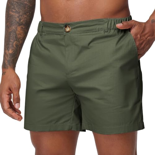 Image of Oymyakon Men's 6 Inch Shorts Casual Cotton Flat Front Chino Shorts Summer Elastic Waist Pull On Short with Pockets