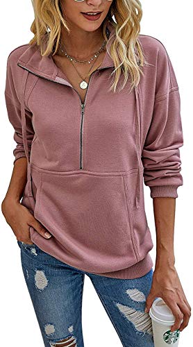 Yanekop Womens Lapel Zipper Sweatshirt Long Sleeve Pullover Drawstring Tops with Pocket(Pink,L)